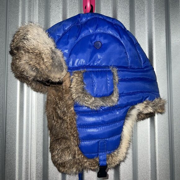 Nathaniel Cole Crown Cap Blue Puffer Trapper Hat Rabbit Fur Trimmed Winter - Picture 2 of 7